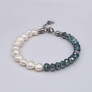 Half Pearl, Half Crystal Bead Bracelet<span> - </span>Teal/Silver